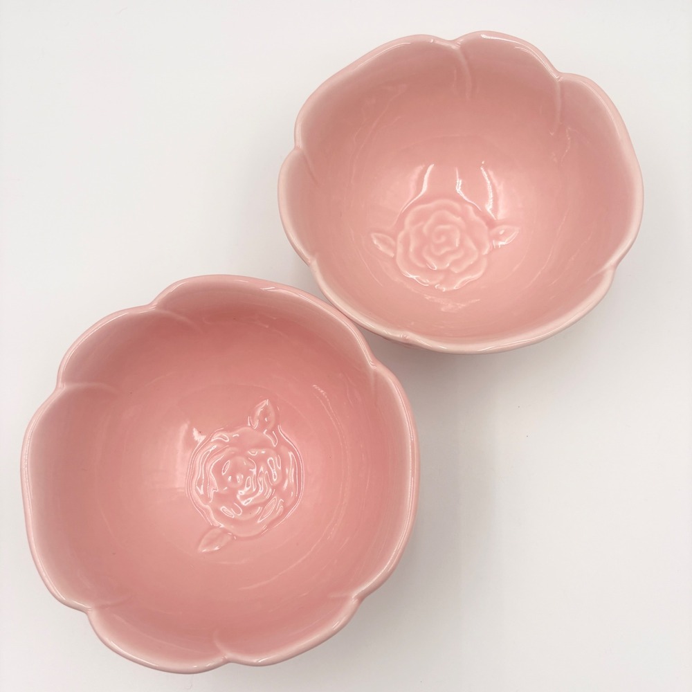 Potter's Studio Pink Rose Embossed Scalloped Ceramic Bowls Set of 2 Footed - Picture 2 of 8